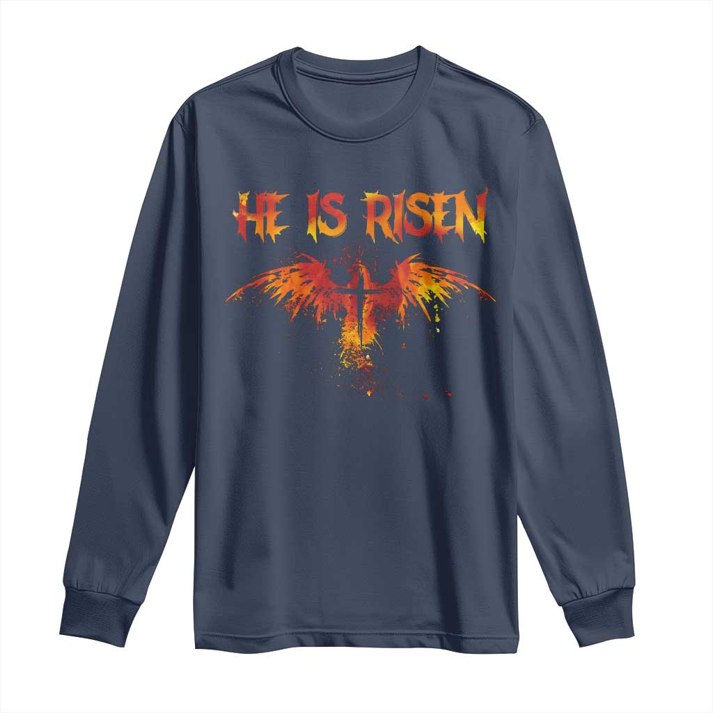 He Is Risen Long Sleeve Shirt Phoenix Christian Jesus Resurrection Cross TS10 Navy Print Your Wear