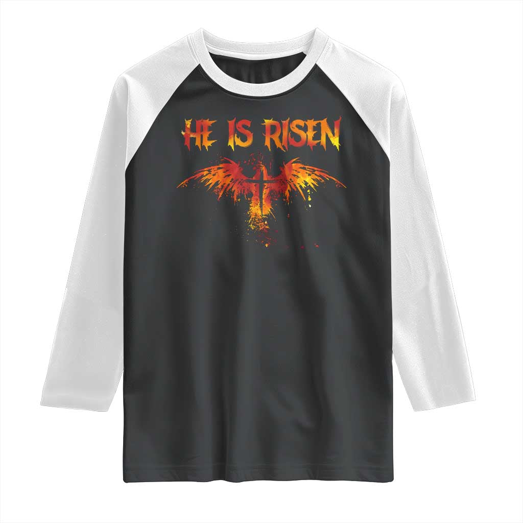 He Is Risen Raglan Shirt Phoenix Christian Jesus Resurrection Cross TS10 Black White Print Your Wear