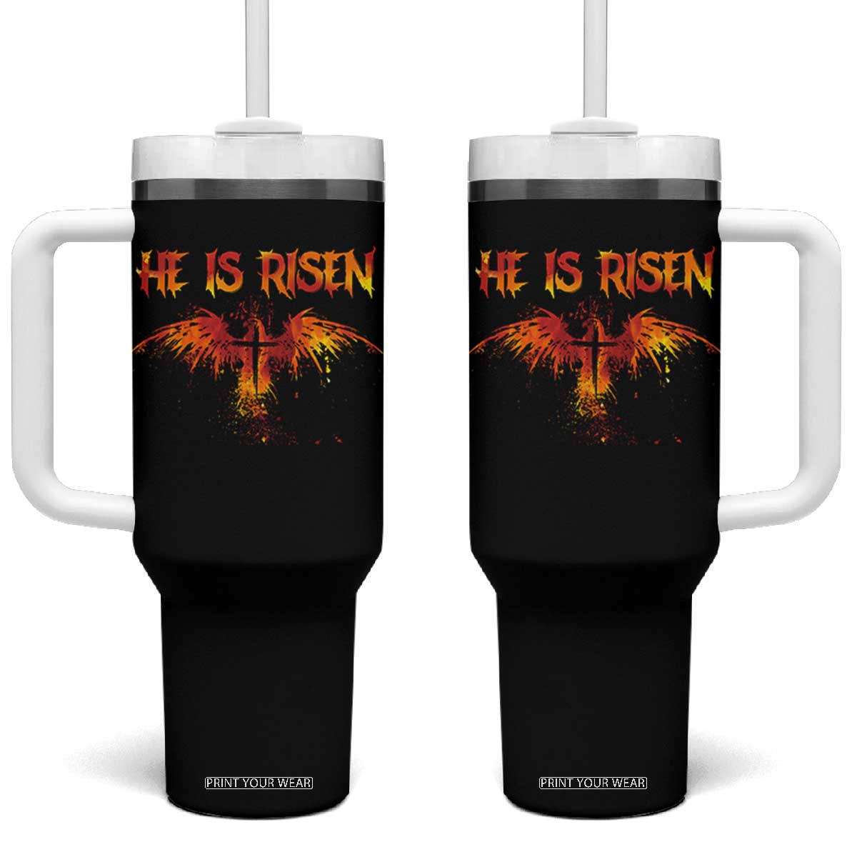 He Is Risen Tumbler With Handle Phoenix Christian Jesus Resurrection Cross TS10 One Size: 40 oz Black Print Your Wear