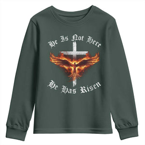 Easter Jesus Has Risen Youth Sweatshirt Christian Religious Phoenix Resurrection Cross TS10 Dark Forest Green Print Your Wear
