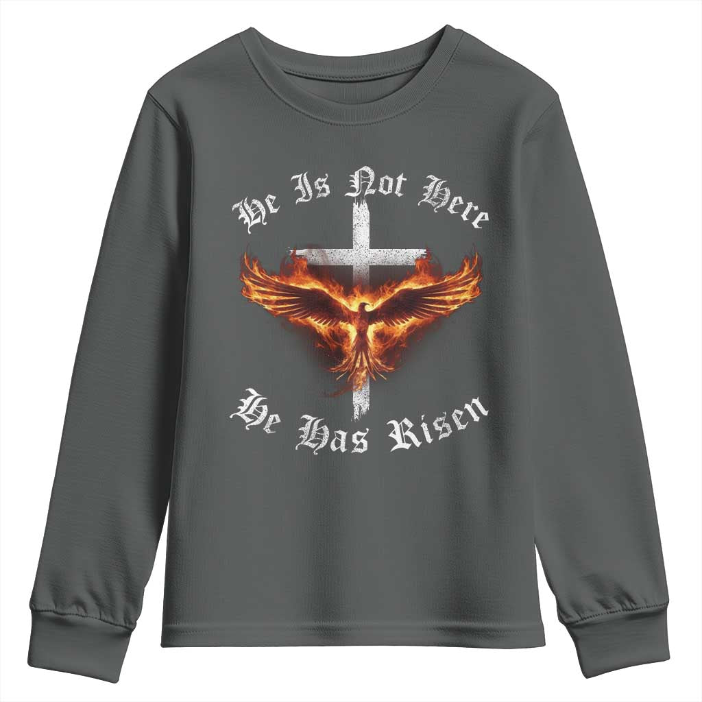 Easter Jesus Has Risen Youth Sweatshirt Christian Religious Phoenix Resurrection Cross TS10 Dark Heather Print Your Wear
