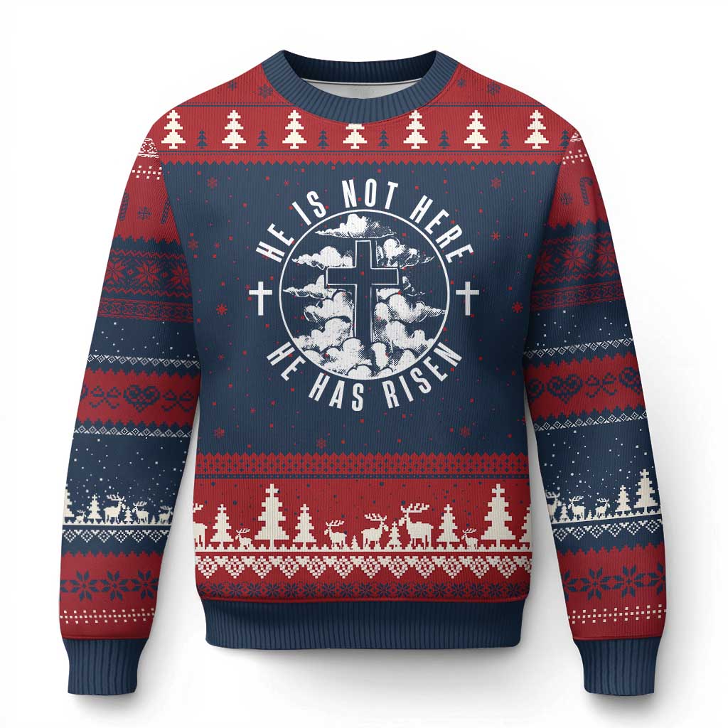 Easter Jesus Has Risen Ugly Christmas Sweater Christian Bible Verse Graphic Cross 90s Style TS10 Navy Red Print Your Wear