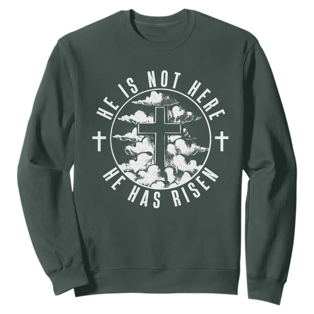 Easter Jesus Has Risen Sweatshirt Christian Bible Verse Graphic Cross 90s Style TS10 Dark Forest Green Print Your Wear