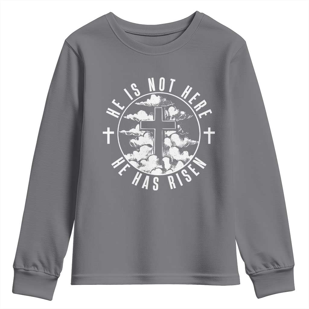 Easter Jesus Has Risen Youth Sweatshirt Christian Bible Verse Graphic Cross 90s Style TS10 Charcoal Print Your Wear