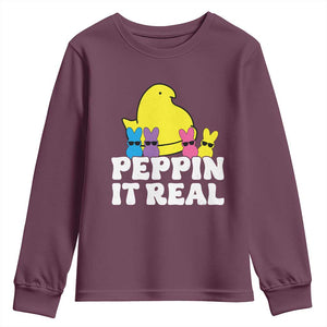 Easter Bunny Youth Sweatshirt Peepin It Real Rabbit Candy Easter TS10 Maroon Print Your Wear