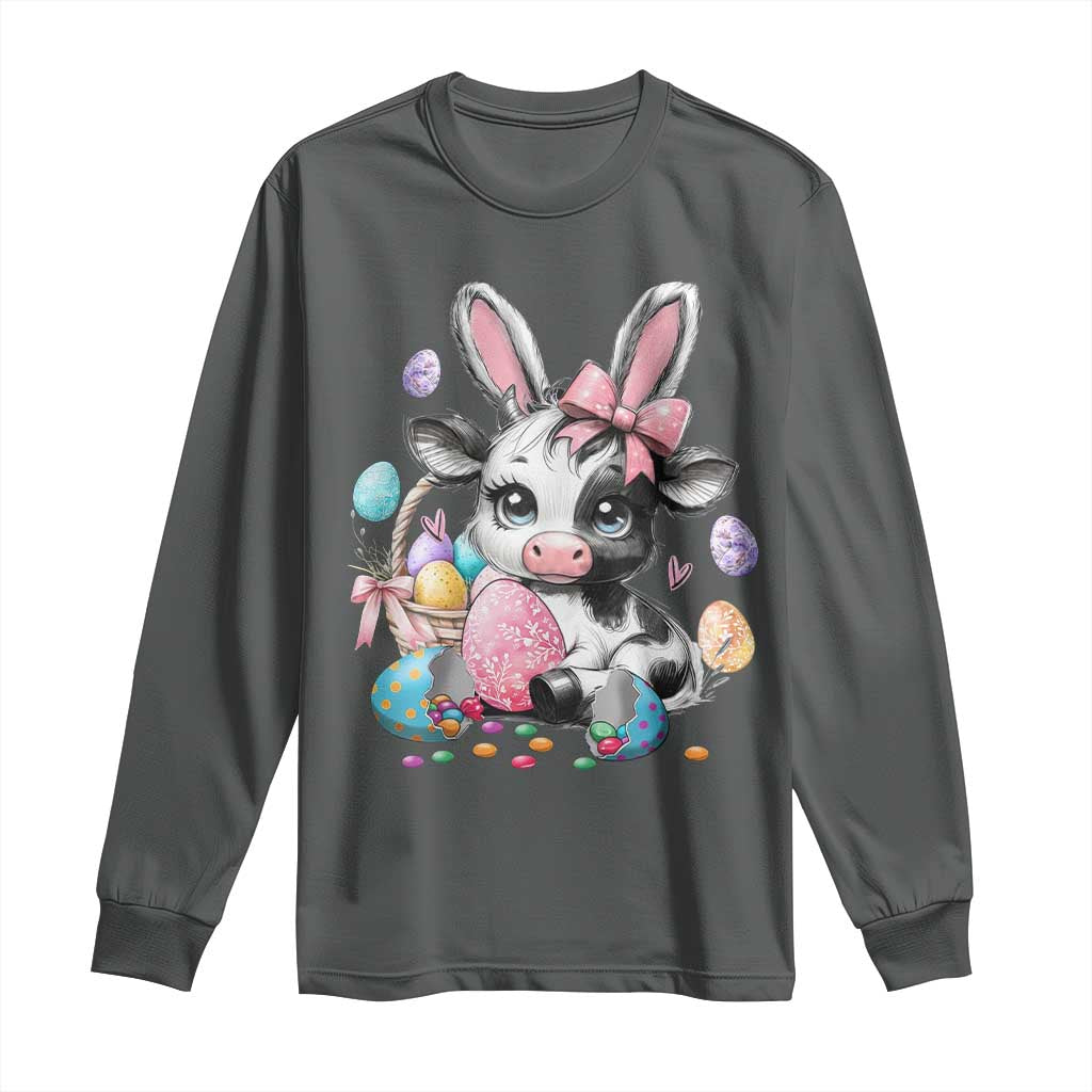 Easter Day Cow Long Sleeve Shirt Cute Cow Bunny Heifer TS10 Dark Heather Print Your Wear