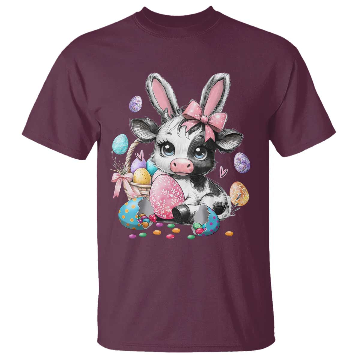 Easter Day Cow T Shirt Cute Cow Bunny Heifer TS10 Maroon Print Your Wear