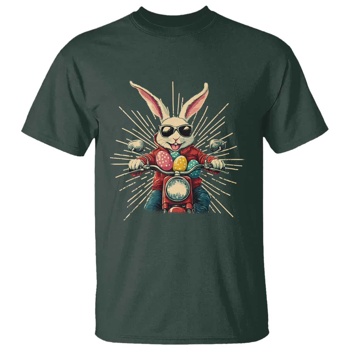 Biker Bunny T Shirt Retro Easter Day Rabbit Ride Motorcycles Motorbike TS10 Dark Forest Green Print Your Wear