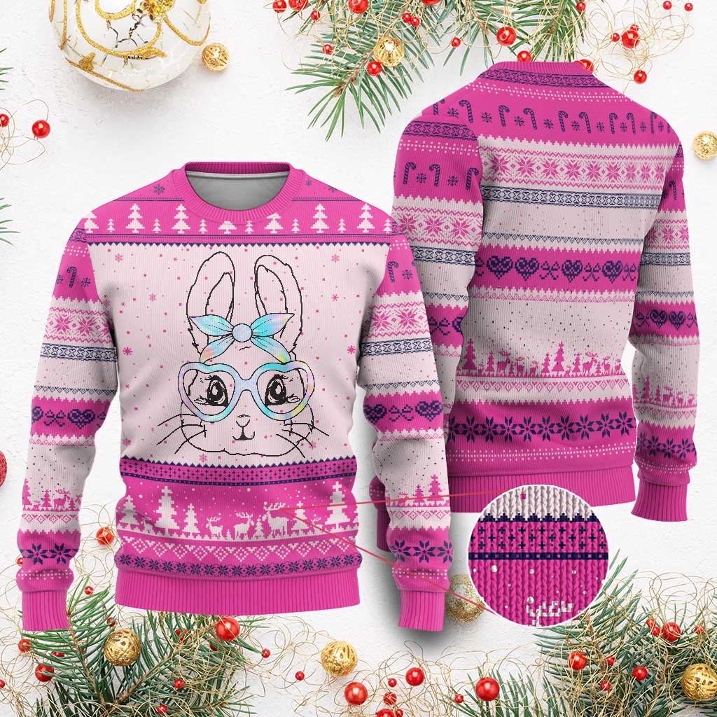 Girls Easter Bunny Ugly Christmas Sweater Rabbit Face Tie Dye Glasses Happy Easter Day TS10 Hot Pink Print Your Wear