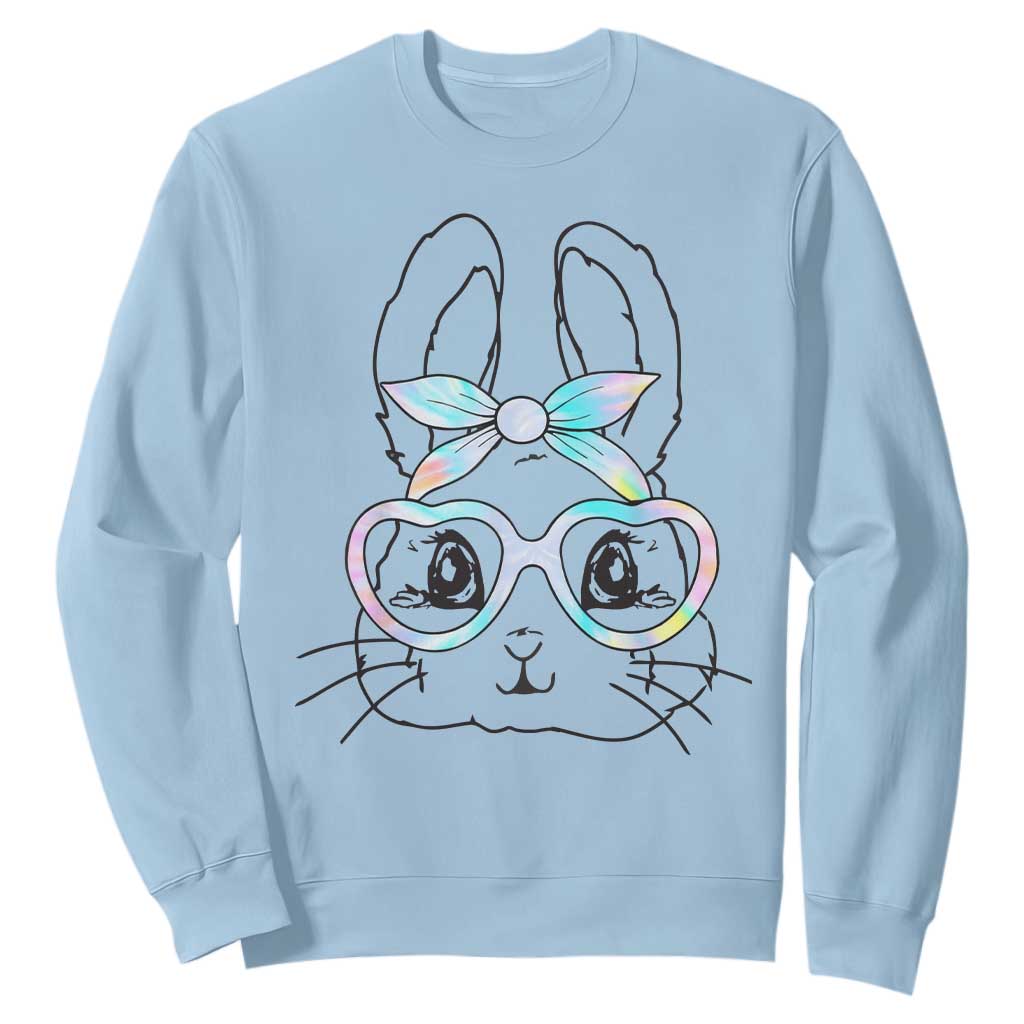 Girls Easter Bunny Sweatshirt Rabbit Face Tie Dye Glasses Happy Easter Day TS10 Light Blue Print Your Wear