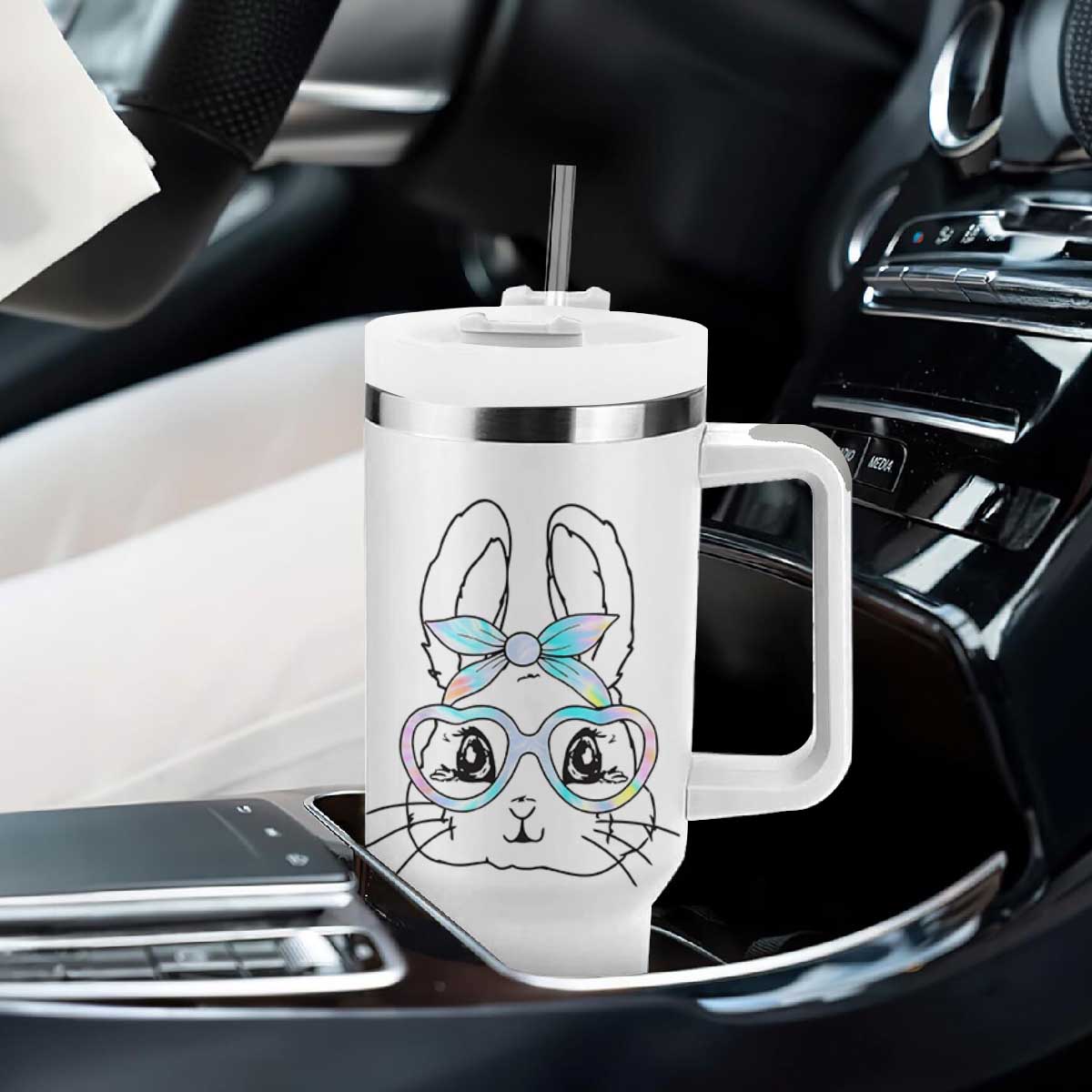 Girls Easter Bunny Tumbler With Handle Rabbit Face Tie Dye Glasses Happy Easter Day TS10 Print Your Wear