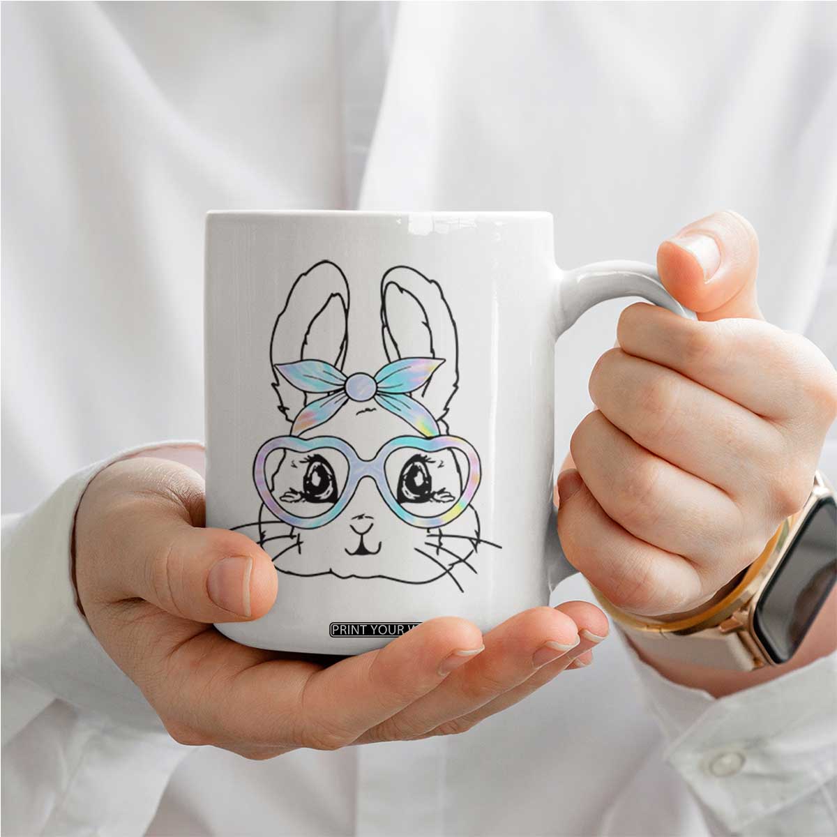 Girls Easter Bunny Coffee Mug Rabbit Face Tie Dye Glasses Happy Easter Day TS10 Print Your Wear