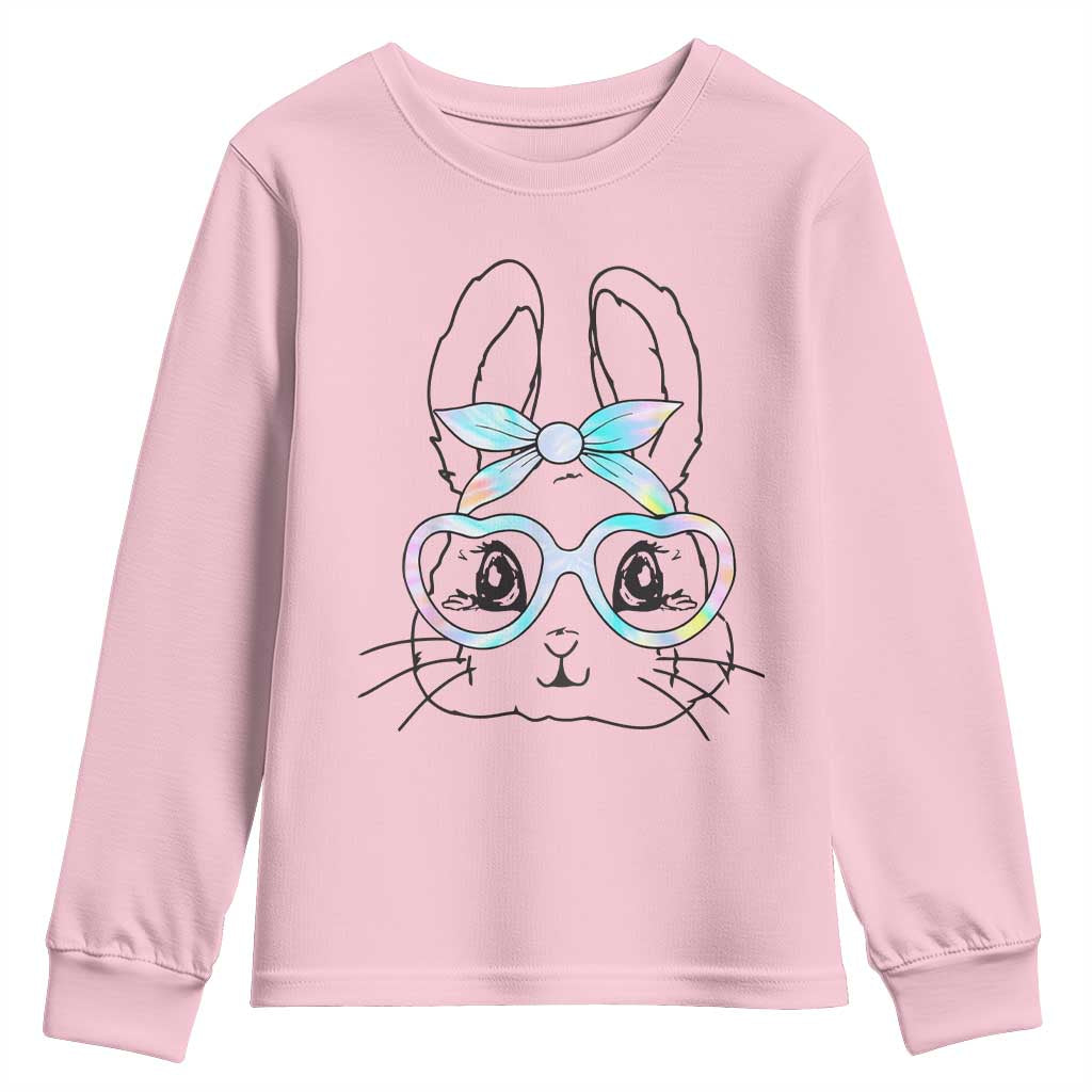 Girls Easter Bunny Youth Sweatshirt Rabbit Face Tie Dye Glasses Happy Easter Day TS10 Light Pink Print Your Wear