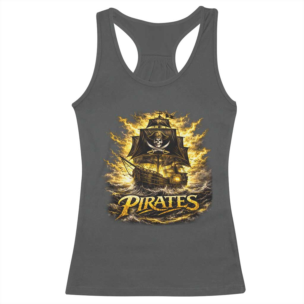 Pirate Lovers Racerback Tank Top Vintage Golden Pirate Ship Skull Graphic TS10 Dark Heather Print Your Wear