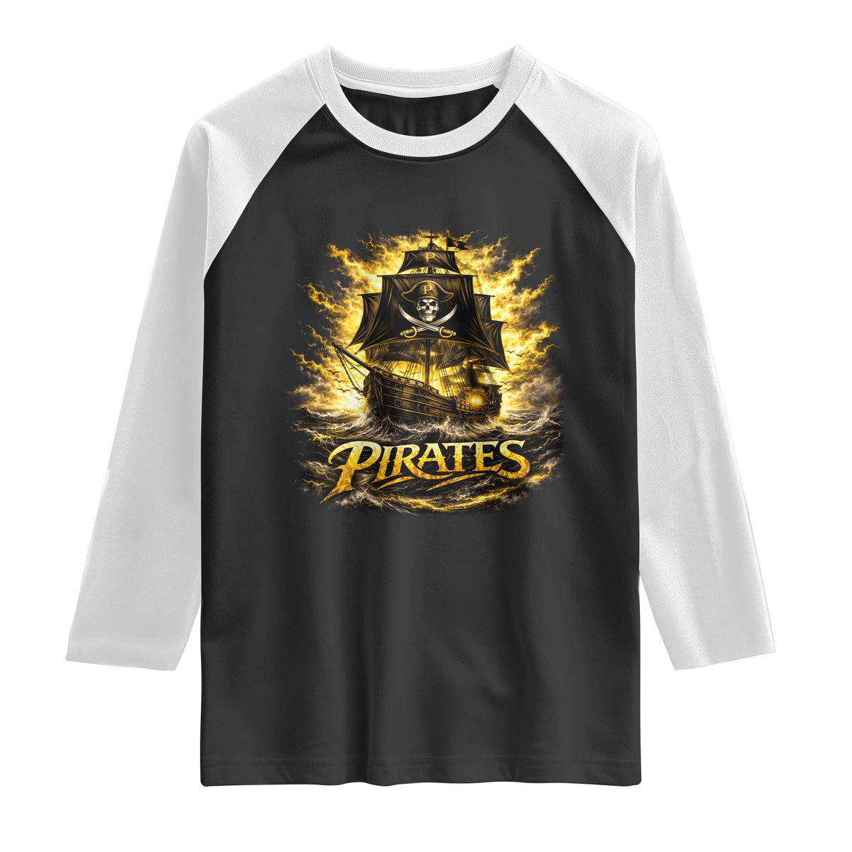 Pirate Lovers Raglan Shirt Vintage Golden Pirate Ship Skull Graphic TS10 Black White Print Your Wear