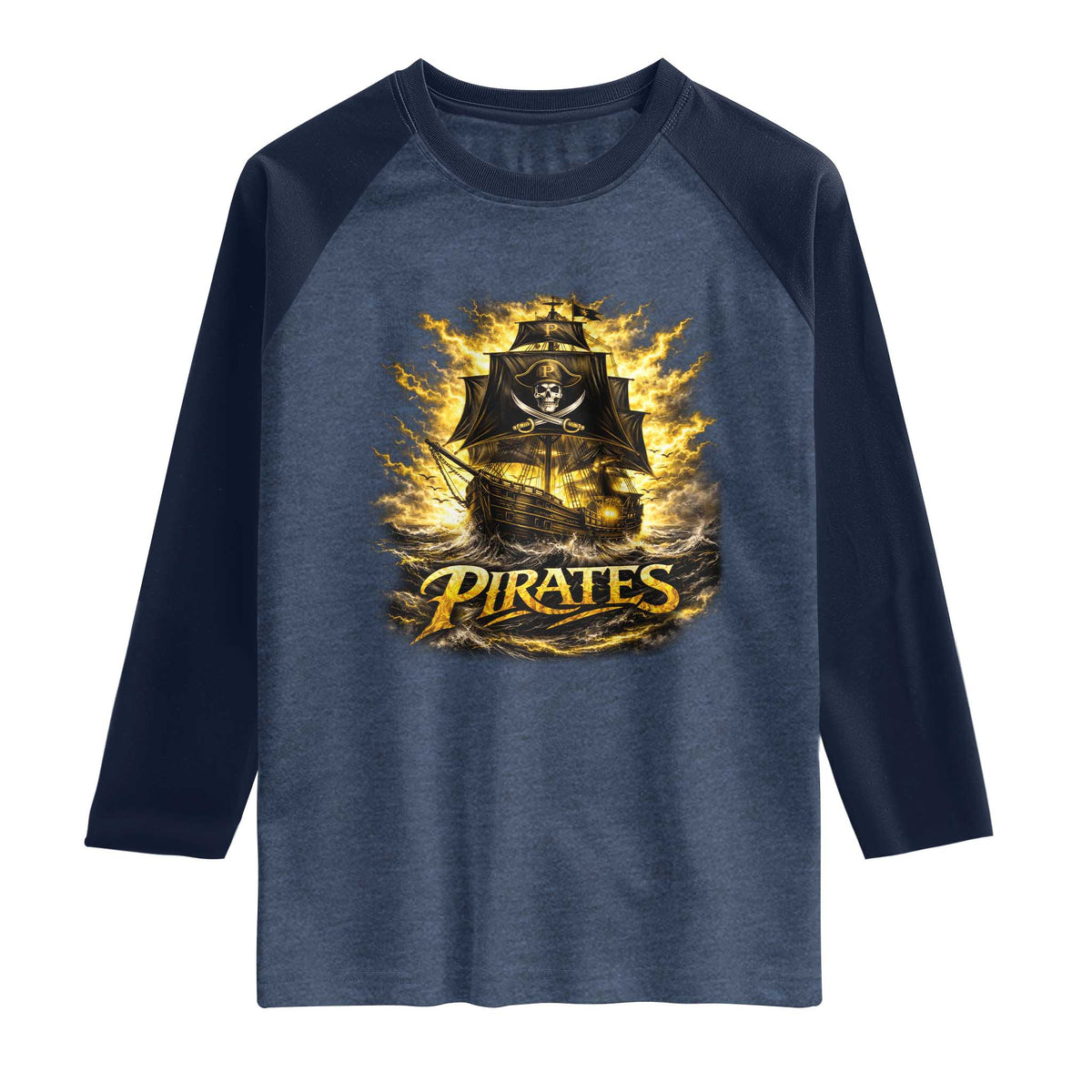 Pirate Lovers Raglan Shirt Vintage Golden Pirate Ship Skull Graphic TS10 Heather Denim Navy Print Your Wear