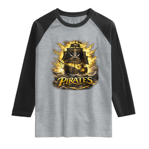 Pirate Lovers Raglan Shirt Vintage Golden Pirate Ship Skull Graphic TS10 Heather Gray Black Print Your Wear