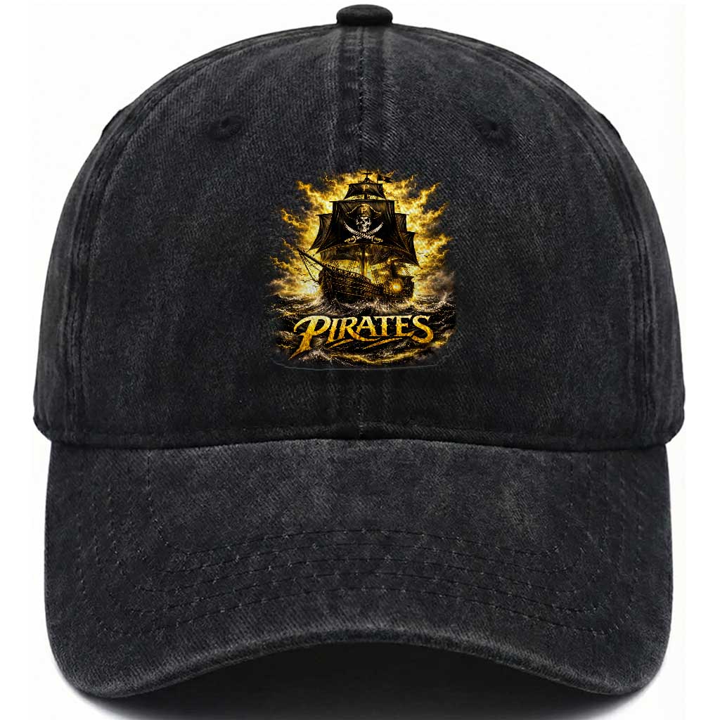 Pirate Lovers Washed Cotton Baseball Cap Vintage Golden Pirate Ship Skull Graphic TS10 Print Your Wear