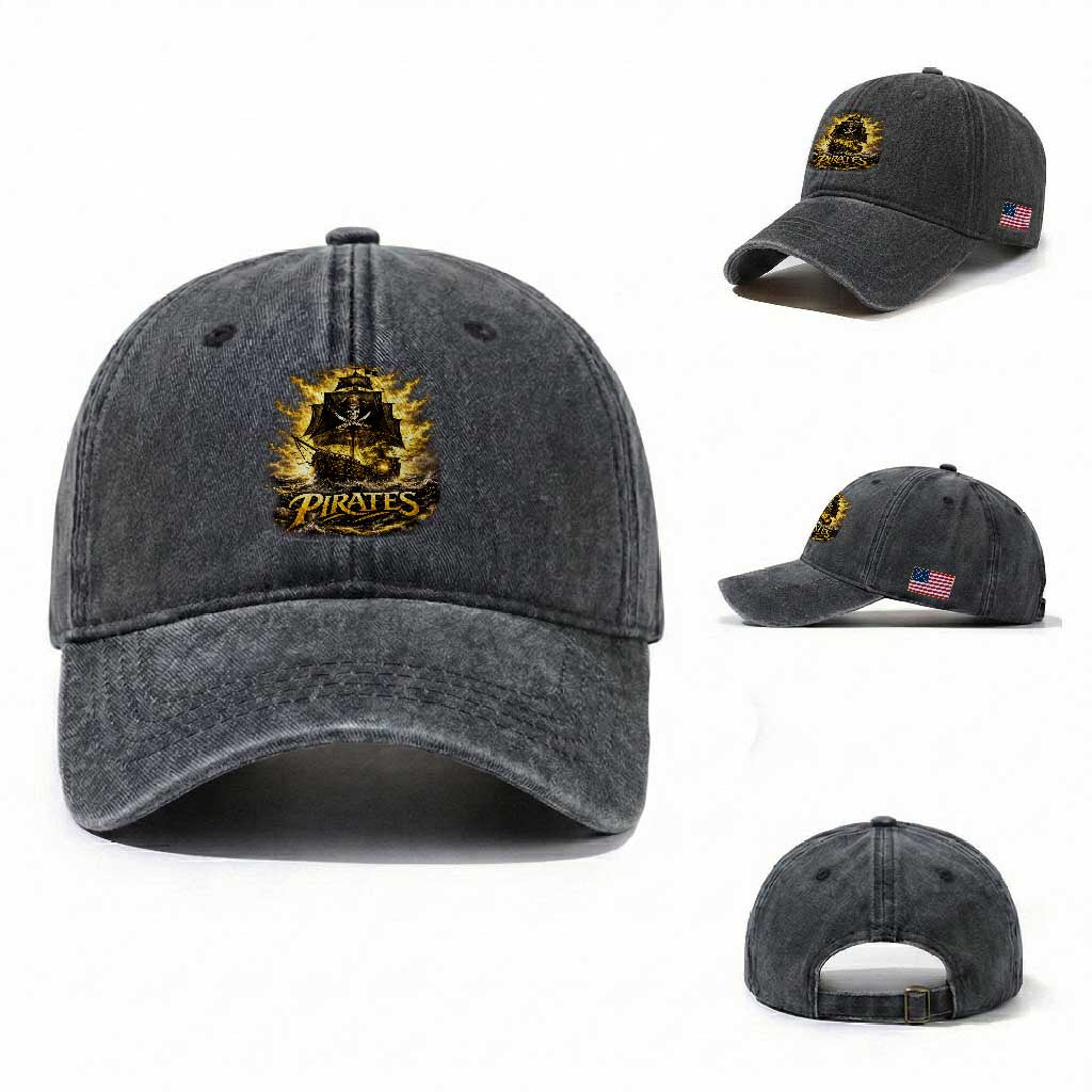 Pirate Lovers Washed Cotton Baseball Cap Vintage Golden Pirate Ship Skull Graphic TS10 Washed Cap Universal Fit Dark Gray Print Your Wear