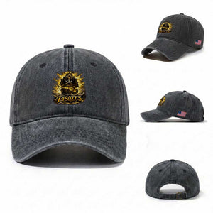 Pirate Lovers Washed Cotton Baseball Cap Vintage Golden Pirate Ship Skull Graphic TS10 Washed Cap Universal Fit Dark Gray Print Your Wear