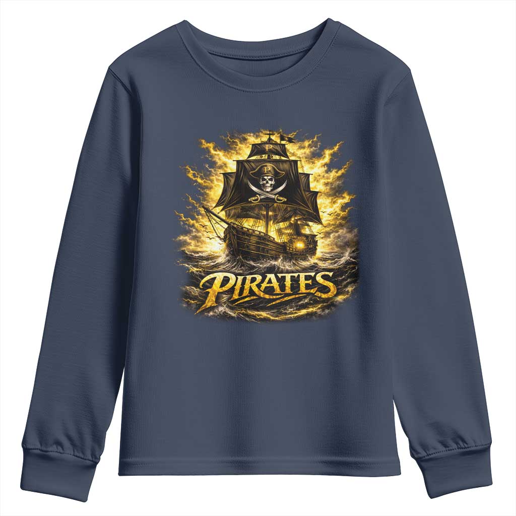 Pirate Lovers Youth Sweatshirt Vintage Golden Pirate Ship Skull Graphic TS10 Navy Print Your Wear