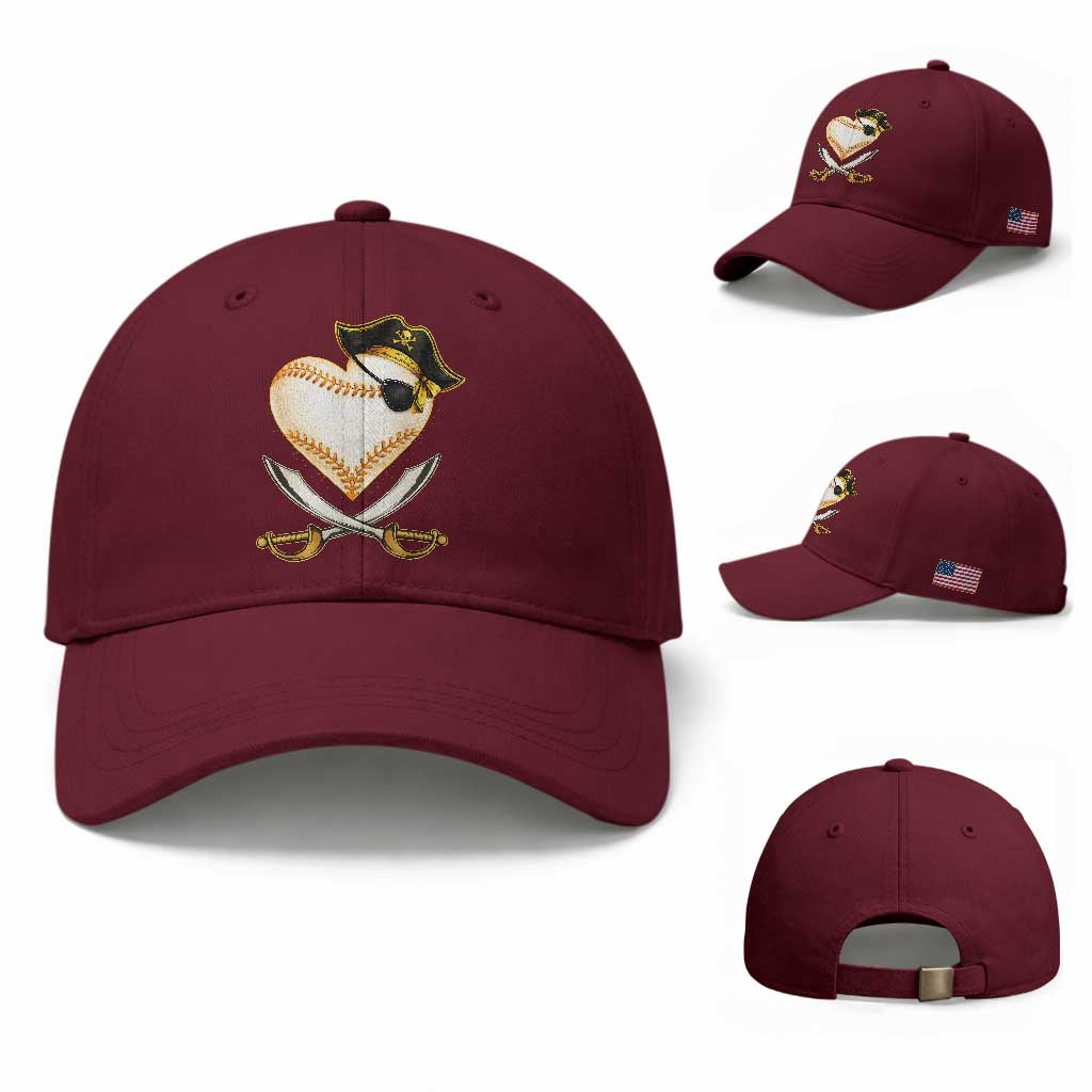 Baseball Pirate Baseball Cap Baseball Heart With Skull TS10 Baseball Cap Universal Fit Maroon Print Your Wear