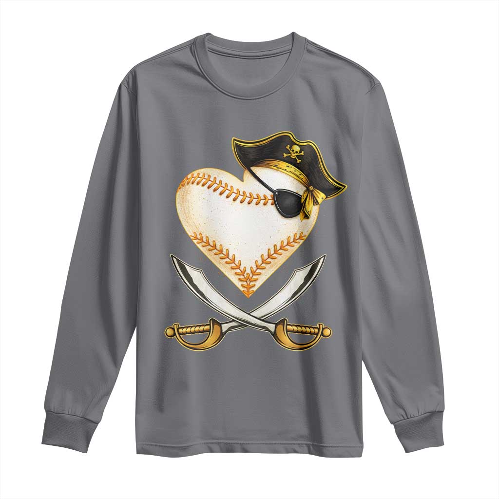Baseball Pirate Long Sleeve Shirt Baseball Heart With Skull TS10 Charcoal Print Your Wear