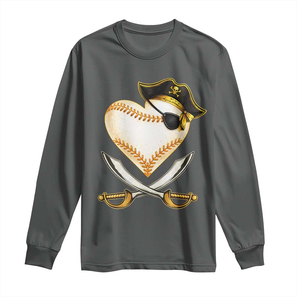 Baseball Pirate Long Sleeve Shirt Baseball Heart With Skull TS10 Dark Heather Print Your Wear