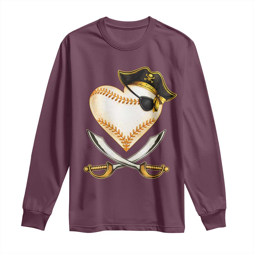 Baseball Pirate Long Sleeve Shirt Baseball Heart With Skull TS10 Maroon Print Your Wear
