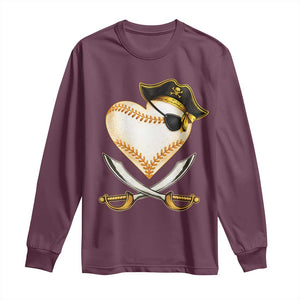 Baseball Pirate Long Sleeve Shirt Baseball Heart With Skull TS10 Maroon Print Your Wear