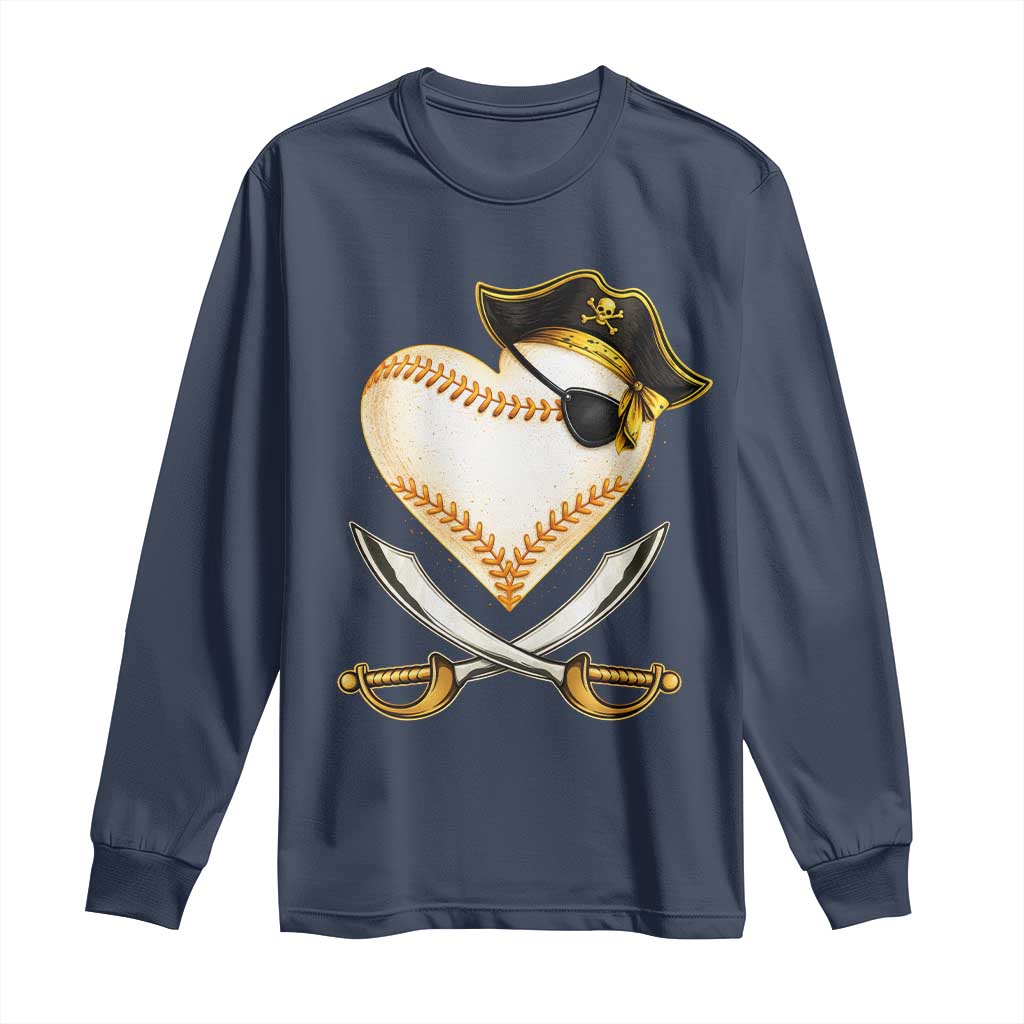 Baseball Pirate Long Sleeve Shirt Baseball Heart With Skull TS10 Navy Print Your Wear