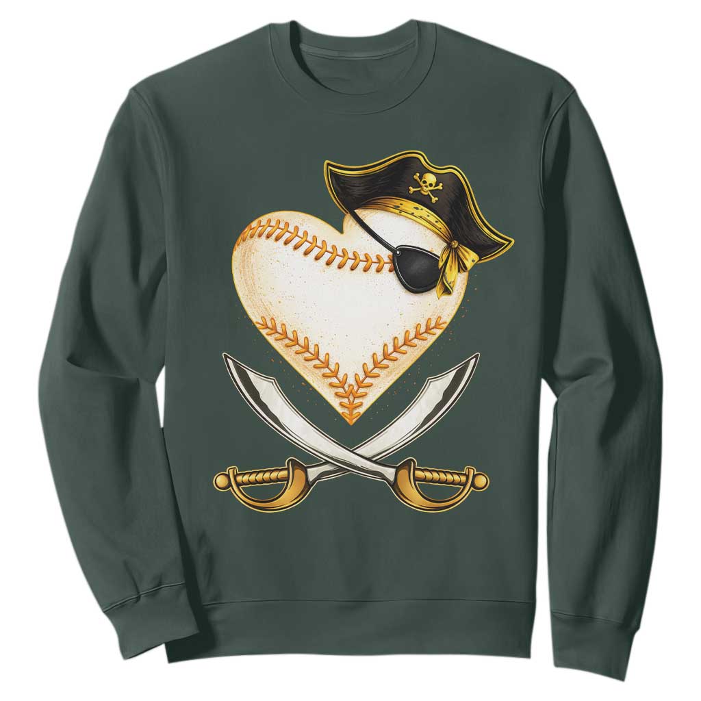 Baseball Pirate Sweatshirt Baseball Heart With Skull TS10 Dark Forest Green Print Your Wear