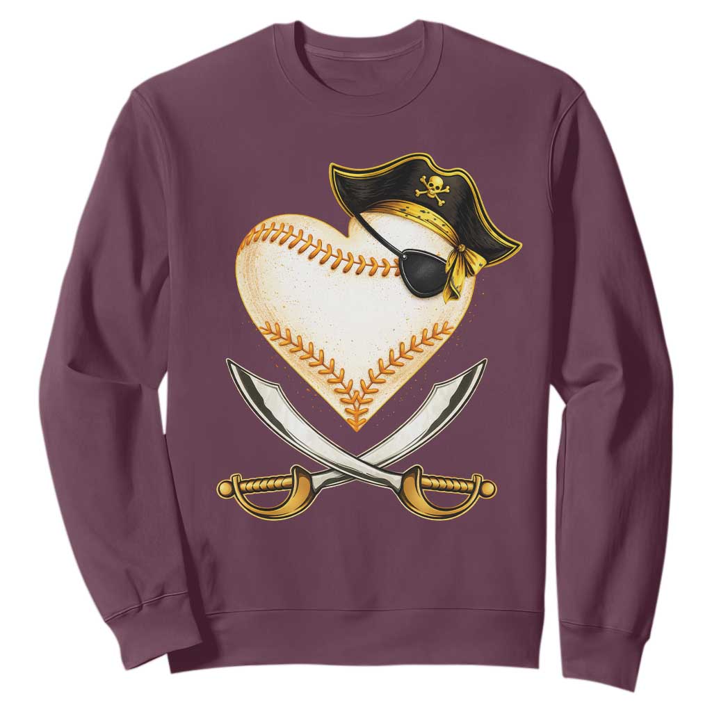 Baseball Pirate Sweatshirt Baseball Heart With Skull TS10 Maroon Print Your Wear
