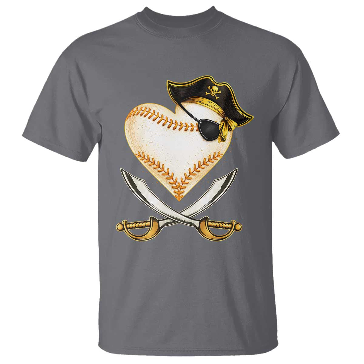 Baseball Pirate T Shirt Baseball Heart With Skull TS10 Charcoal Print Your Wear