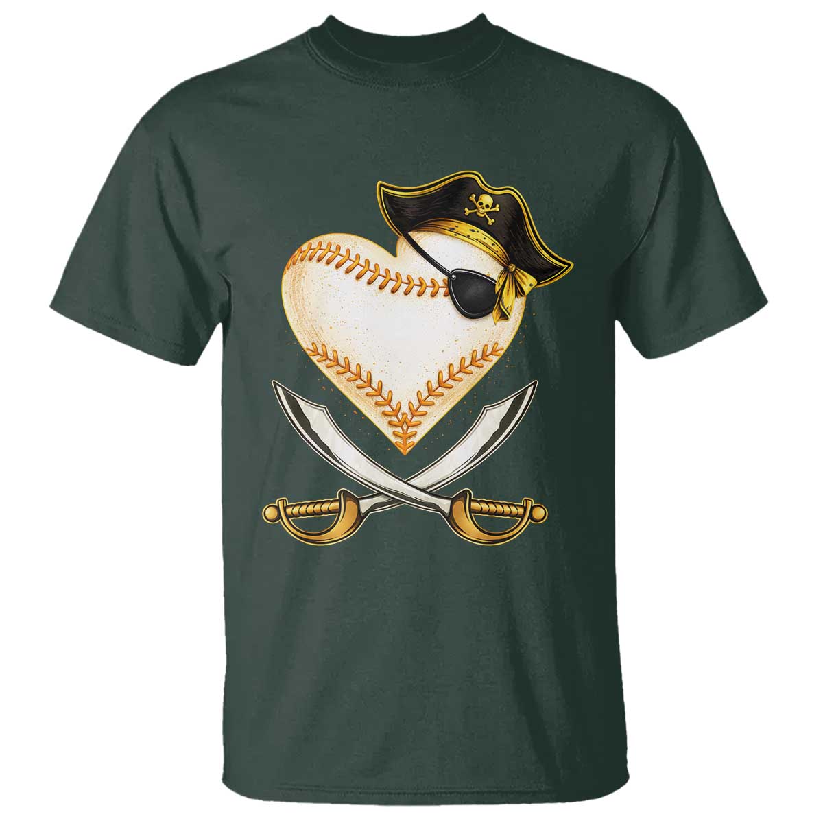 Baseball Pirate T Shirt Baseball Heart With Skull TS10 Dark Forest Green Print Your Wear