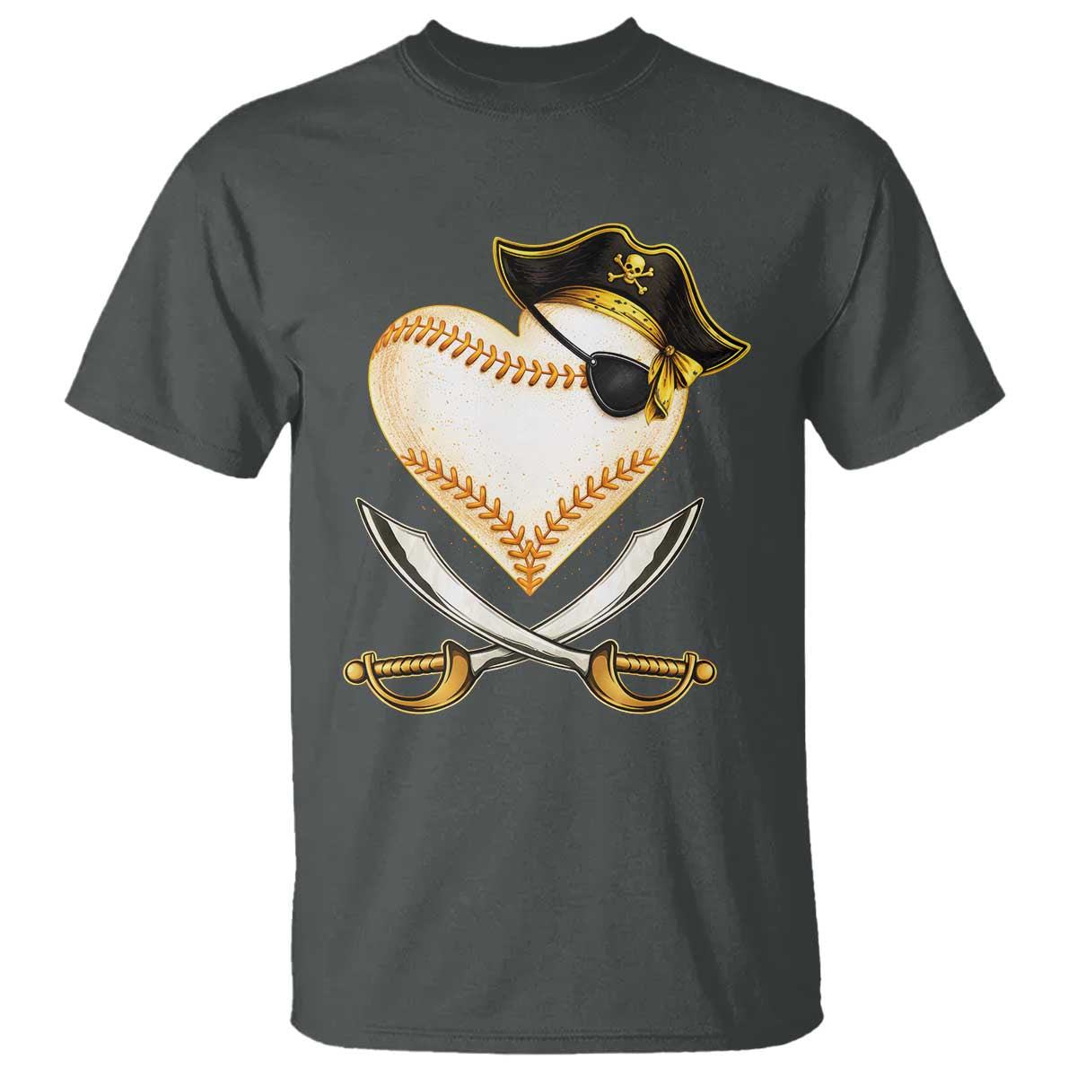 Baseball Pirate T Shirt Baseball Heart With Skull TS10 Dark Heather Print Your Wear