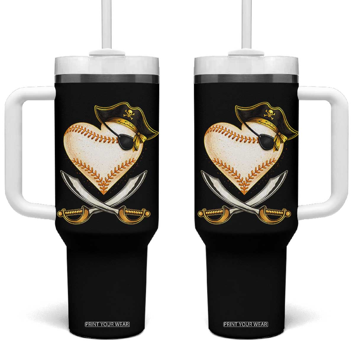 Baseball Pirate Tumbler With Handle Baseball Heart With Skull TS10 One Size: 40 oz Black Print Your Wear