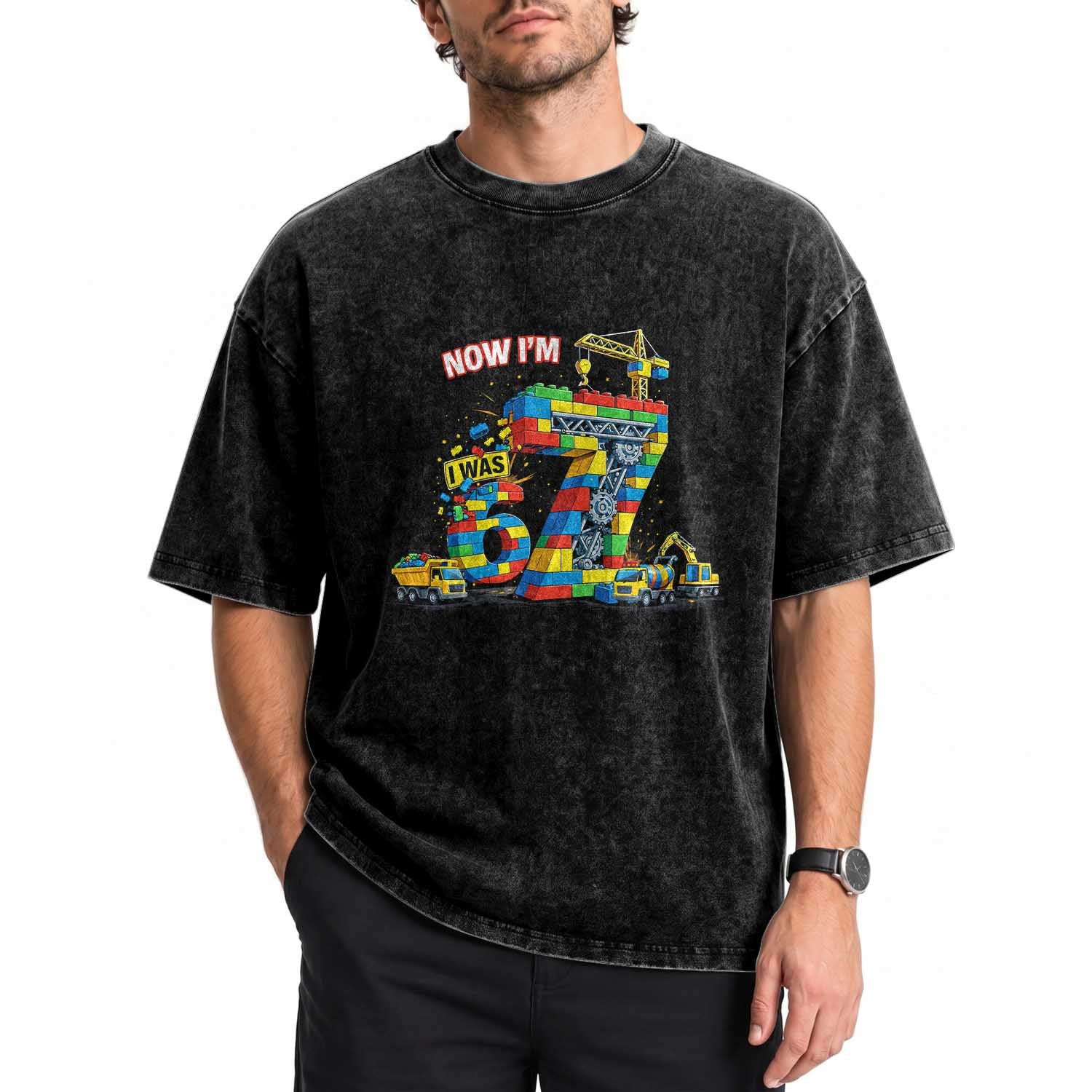 Funny 7th Birthday Building Bricks Washed Cotton T-Shirt I Was 6 Now Im 7 Kids 67 Birthday Building Six Seven Boy