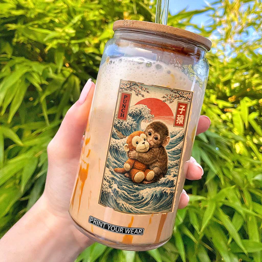 Kawaii Baby Monkey Punch Glass Can Vintage Japanese Graphic Cute Macaque Ukiyo-e TS10 Black Print Your Wear