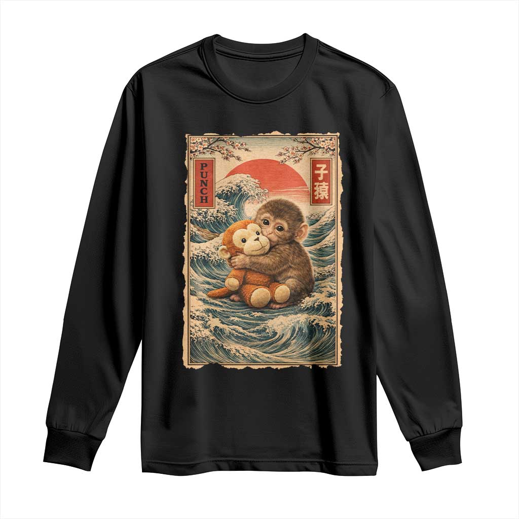 Kawaii Baby Monkey Punch Long Sleeve Shirt Vintage Japanese Graphic Cute Macaque Ukiyo-e TS10 Black Print Your Wear