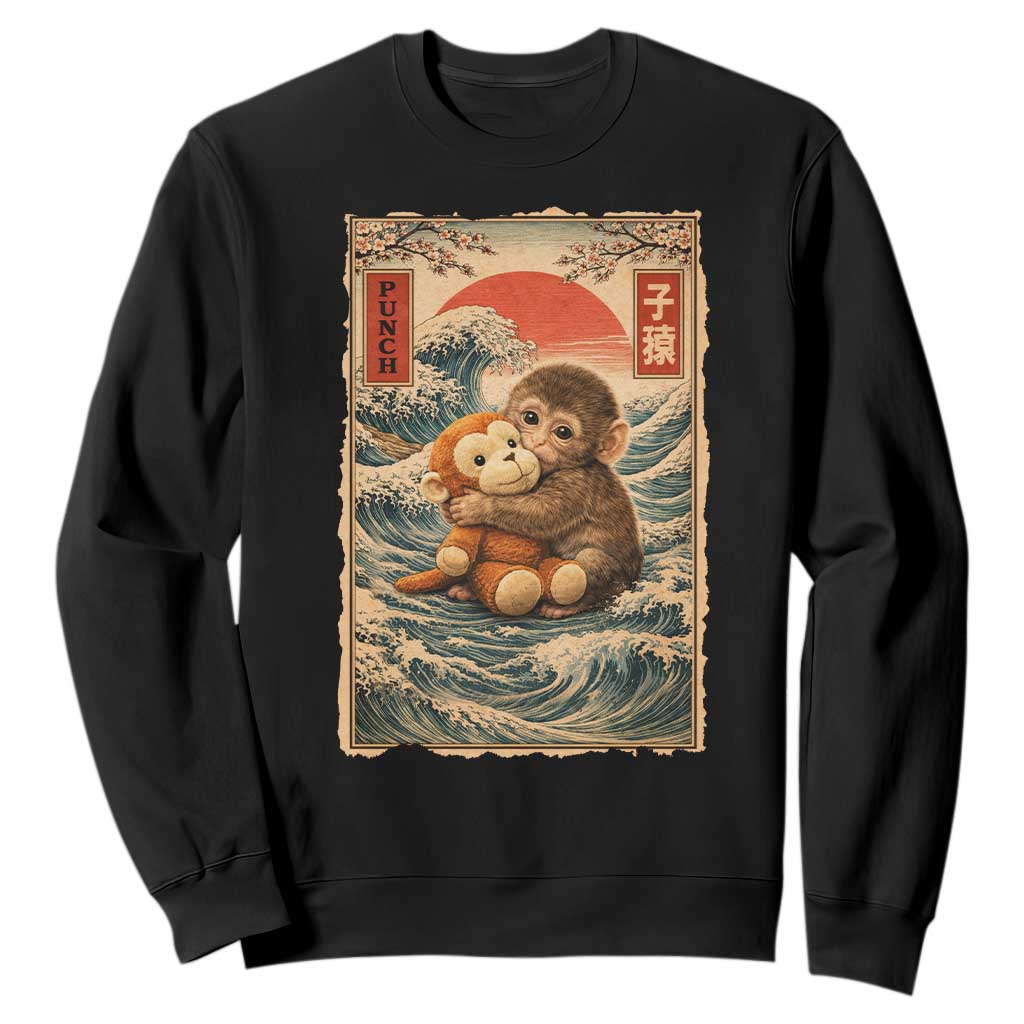 Kawaii Baby Monkey Punch Sweatshirt Vintage Japanese Graphic Cute Macaque Ukiyo-e TS10 Black Print Your Wear