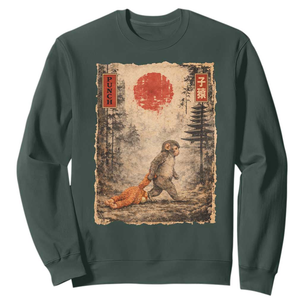 Vintage Japanese Baby Monkey Punch Sweatshirt Kawaii Macaque Ukiyo-e Art Funny TS10 Dark Forest Green Print Your Wear