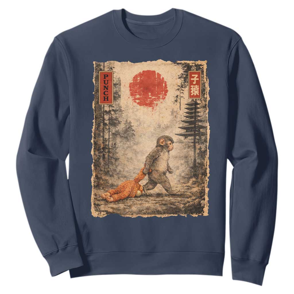 Vintage Japanese Baby Monkey Punch Sweatshirt Kawaii Macaque Ukiyo-e Art Funny TS10 Navy Print Your Wear