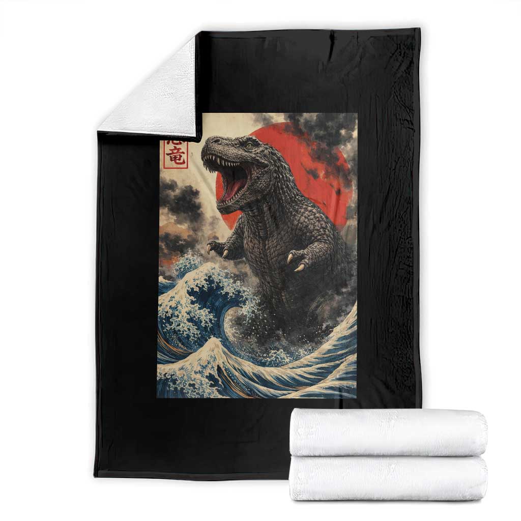 Japanese Dinosaur Throw Blanket Vintage Great Wave Monster Epic Giant Monster Ukiyo-e Style TS10 Black Print Your Wear