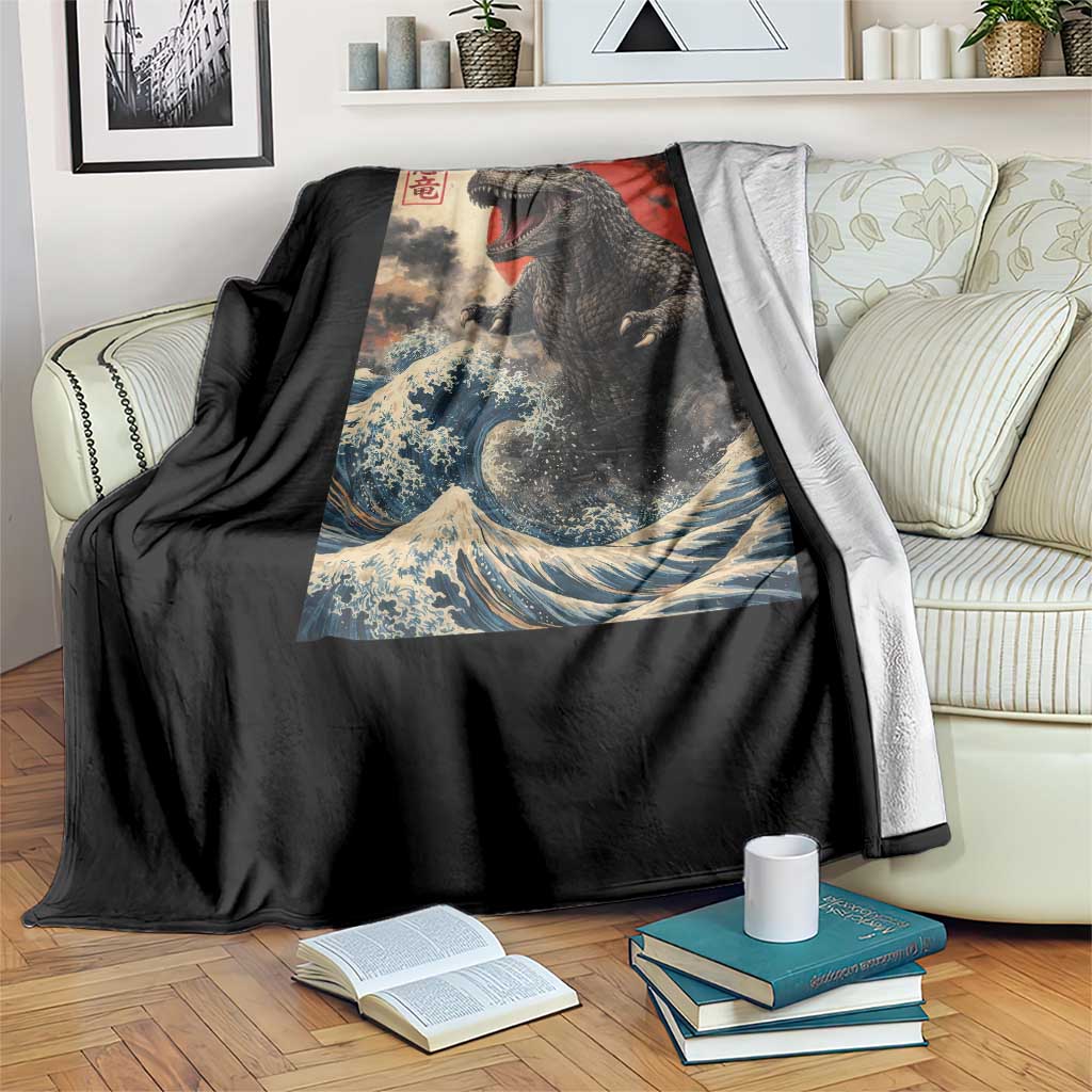 Japanese Dinosaur Throw Blanket Vintage Great Wave Monster Epic Giant Monster Ukiyo-e Style TS10 Print Your Wear
