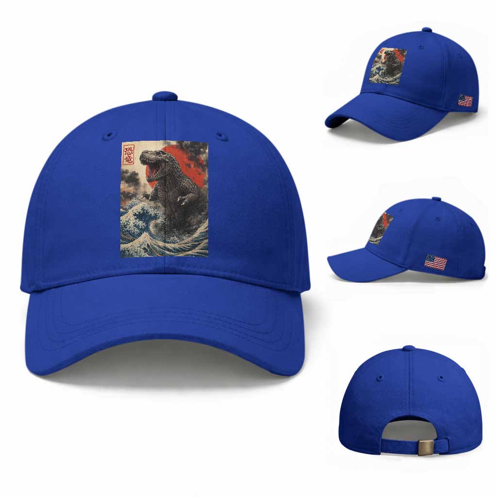 Japanese Dinosaur Baseball Cap Vintage Great Wave Monster Epic Giant Monster Ukiyo-e Style TS10 Baseball Cap Universal Fit Royal Blue Print Your Wear