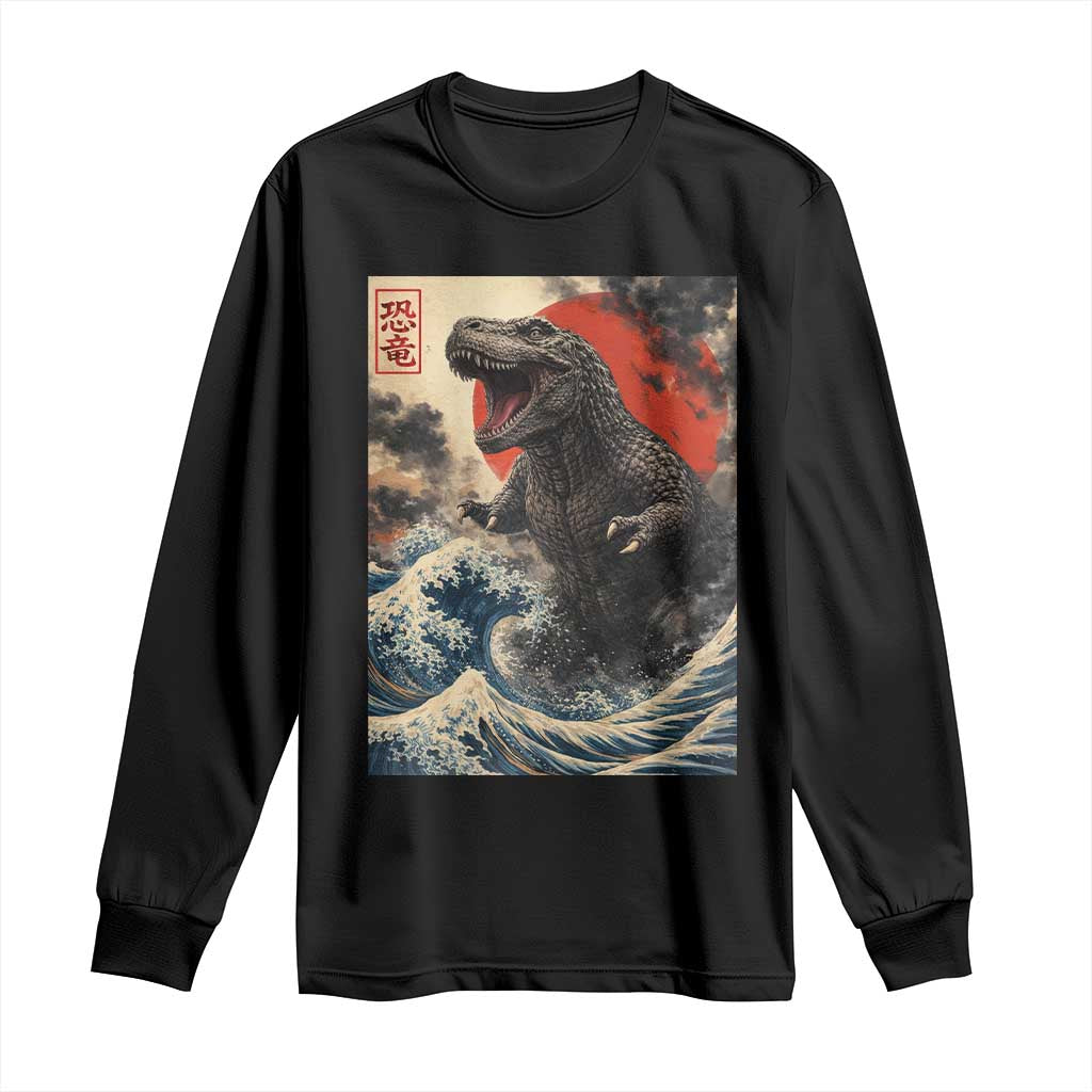 Japanese Dinosaur Long Sleeve Shirt Vintage Great Wave Monster Epic Giant Monster Ukiyo-e Style TS10 Black Print Your Wear