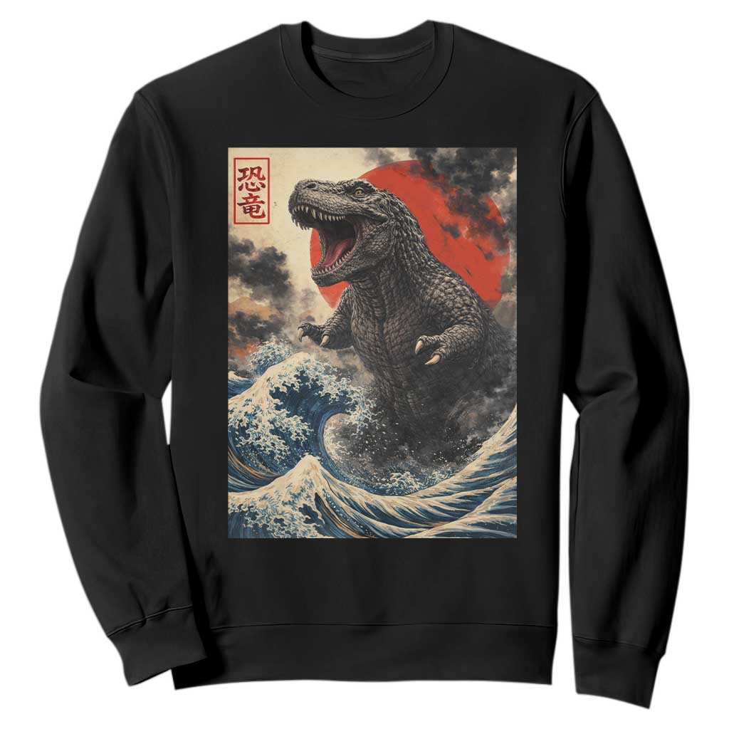 Japanese Dinosaur Sweatshirt Vintage Great Wave Monster Epic Giant Monster Ukiyo-e Style TS10 Black Print Your Wear