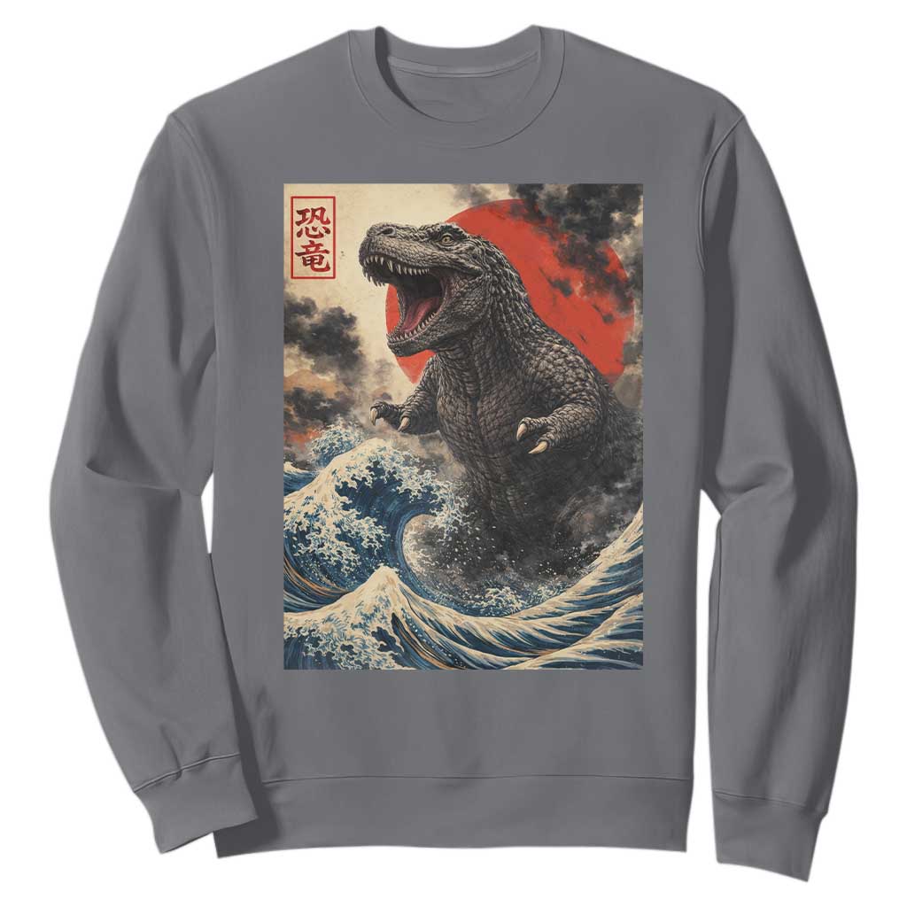 Japanese Dinosaur Sweatshirt Vintage Great Wave Monster Epic Giant Monster Ukiyo-e Style TS10 Charcoal Print Your Wear