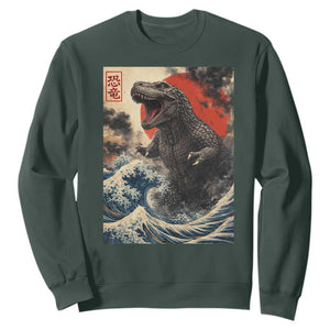 Japanese Dinosaur Sweatshirt Vintage Great Wave Monster Epic Giant Monster Ukiyo-e Style TS10 Dark Forest Green Print Your Wear